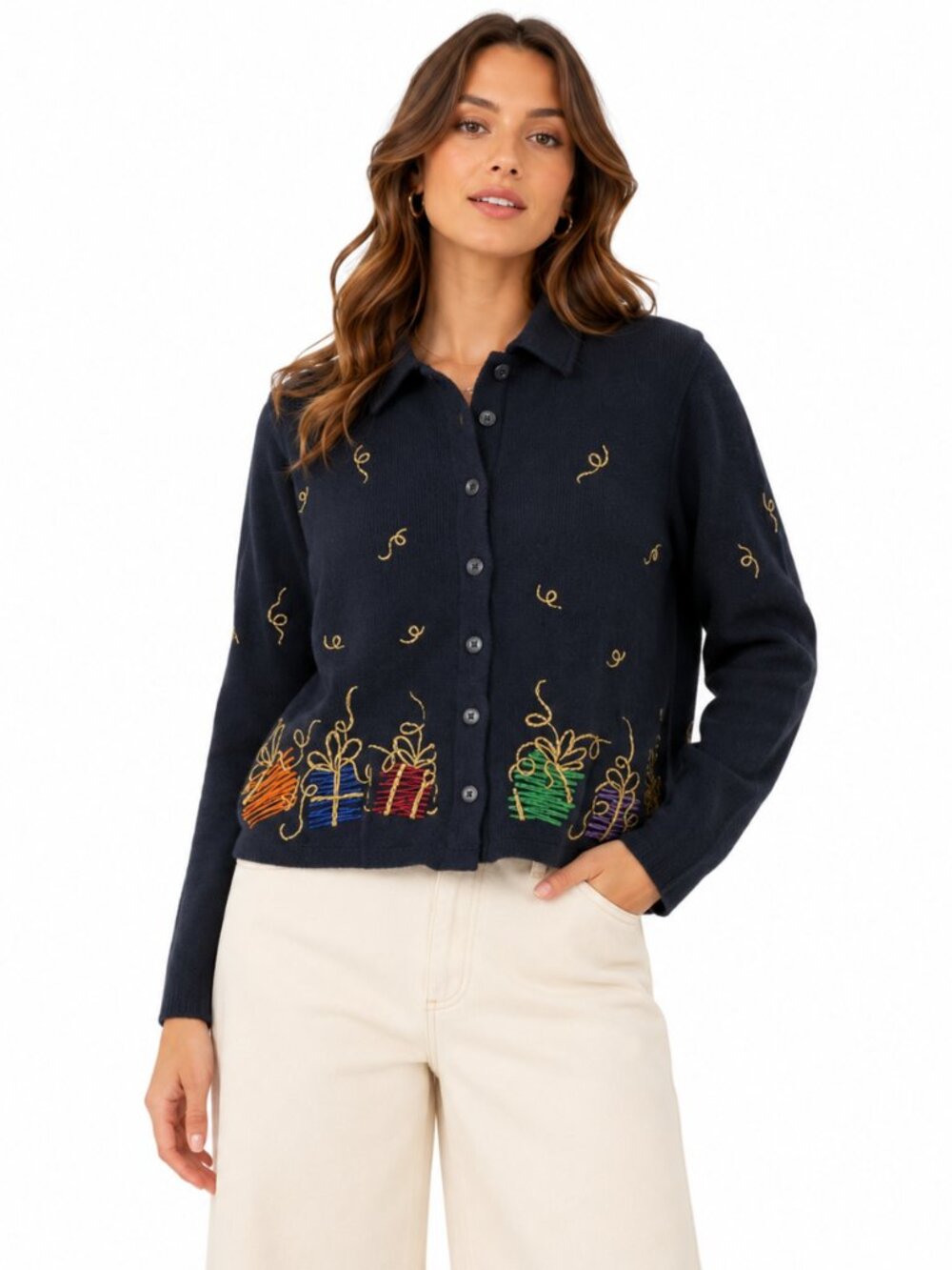 Vintage Bechamel Christmas Shirt‎ Cardigan Black Embroidered Cotton M